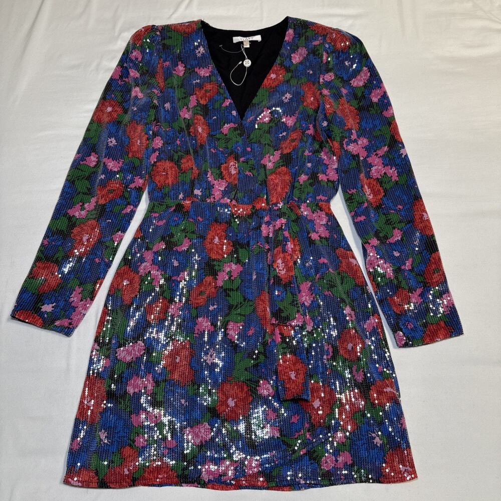 WAYF Colorful Floral Sequin Mini Wrap Dress Womens M Long Sleeve V Neck NWT